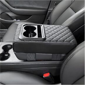 Center Console Armrest Pillow, 14.0"×8.3" Soft Leather Waterproof Armrest Cushion with Cup Holder, Comfy Memory Foam Auto Arm Rest Pad with Storage Bag, Car Accessories (Diamond Pattern)
