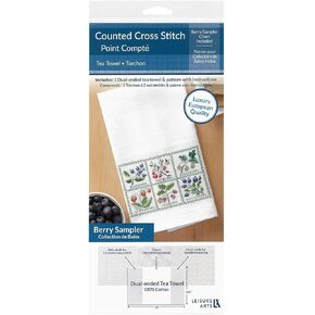 Leisure Arts Dual-Ended Huck Cloth & Aida Cloth Tea Towel Kit, Berry, Embroidery Towels, Kitchen Towels for Embroidery, Cross Stitch Towels. Stamped Embroidery Patterns