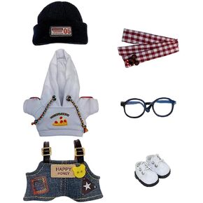 niannyyhouse 10cm Plush Doll Clothes Plaid Scarf Knit Hat Hoodie Bib Pants Glasses Shoes Forest Outfit Doll Accessories Dress Up (White)
