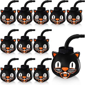 Umigy Halloween Cup for Kids 10 oz Reusable Plastic Cups Bulk Black Cat Shaped Cup with Lid and Straw for Gift Halloween Themed Party Favor Supplies(24 Pcs)