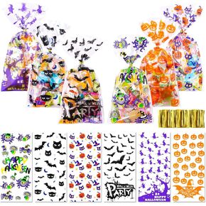 FUSHENMU 150 قطعة من أكياس حلوى السيلوفان للهالوين، أكياس حلوى على شكل خفاش عنكبوت مع أربطة ملتوية، حقائب هدايا لخدعة الهالوين أو مستلزمات الحفلات