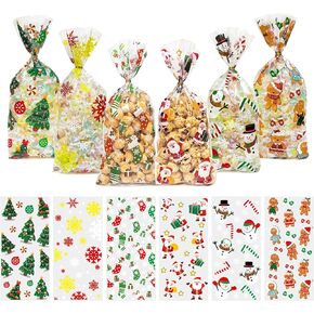 Christmas Treat Bags, Christmas Candy Bags, Christmas Bags for Goodies, 60 PCS Christmas Cellophane Bags with Ties, Christmas Plastic Bags, Christmas Cello Bags for Christmas Day Party Favor Supplies