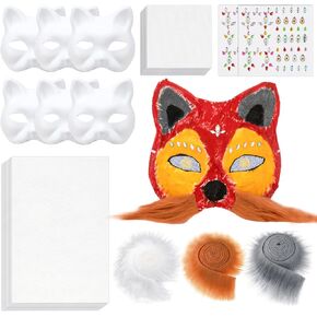 DIY Therian Mask Material Kit, Blank Cat Masks with Felt Fabric Sheet Faux Furs Eye Meshes and Gem Stickers, DIY Fox Masks for Halloween Masquerade, Cosplay Party