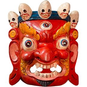 QT Shopping Hand Crafted Bhairab Wooden Mask of Hindu God Red Bhairab for Decorative Wall Hanging Lord Mahakal Bhairab Wooden Wall Decor Mask Handmade in Nepal
