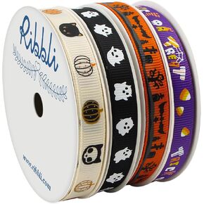 Ribbli Grosgrain 4 Rolls Halloween Ribbon,Pumpkins/Cat/Gost/Bat/Use for Halloween Craft,Gift Wrapping,Home Decor,3/8 Inch Total 40 Yards