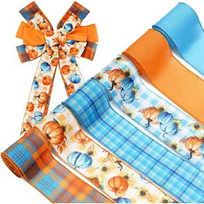 Whaline 6 Rolls Fall Wired Edge Ribbon Blue Orange Pumpkin Plaid Craft Ribbon Decorative Fabric Ribbon for Autumn Thanksgiving DIY Crafts, 2.5In x 90Ft
