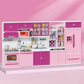 57 PCS Kitchen Playset for Girls, 5-in-1 Toddler Mini Kitchen with Realistic Lights & Sounds, Doll Kitchen House Toy, Mini Furniture Pretend Play Toys for Kids Age 3+, Pink