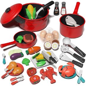 Lehoo Castle Play Kitchen Accessories, Play Pots and Pans Sets for Kids Kitchen, Play Food Sets for Kids, Toddler Cooking Set with Utensils, Toy Foods for Toddlers 3-5, Toys for 3+ Years Old Girls