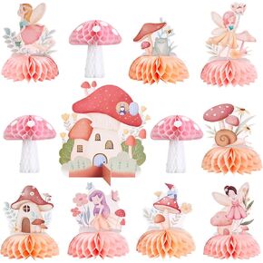 SUNBEAUTY 12 PCS Fairy First Birthday Decorations Fairy Centerpieces for Tables Fairy Mushroom Honeycomb Centerpieces Fairy Birthday Party Decorations Fairy Party Decor Mushroom Party Dcorations