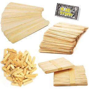 Craft Sticks, Assorted Sizes- Extra Jumbo (25-ct), Jumbo (50-ct), Regular (100-ct) and Mini (120-ct)-Natural Wood, 4-Pack Set with 'Make Stuff' Sticker