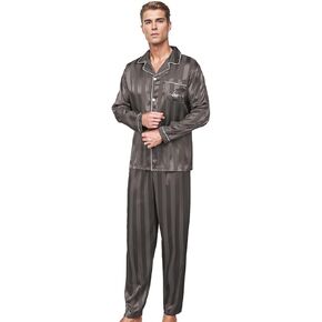 Men's Silky Satin Pajama Set Long Sleeve Top and Pants Pajamas Button-Up Pajama Set - Brown Stripe - XXL