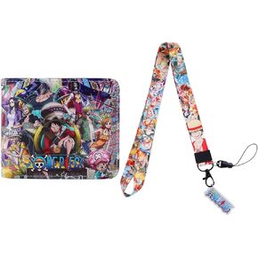 Anime Piece PU Leather Wallet with Lanyard Luffy Zoro Purse Credit Card Holder for Women Men (Blue Long)