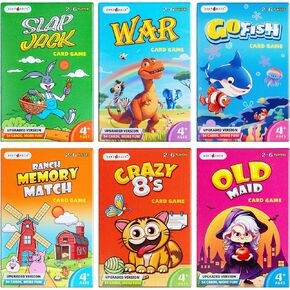 Upgraded Kids Card Games Pack, 6 Decks, Go Fish, Old Maid, Crazy Eights, Memory Match, Slap Jack, War, Playing Cards, Easter Basket Stuffers, Stocking Stuffers