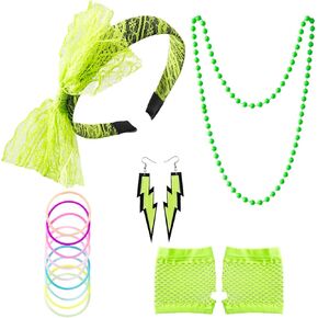 80's Costumes Set Headband Earrings Necklace Bracelets Fishnet Gloves for Halloween Cosplay Retro Theme Party