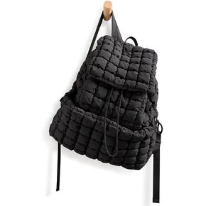 Quilted Puffer Backpack Purse for Women Girls Fashion Shool Ladies Puffy knapsack Anti-theft Top Flap Drawstring 14 Inch Laptop Lightweight Pack Padding Travel Hiking Gym Rucksack Bag,Black