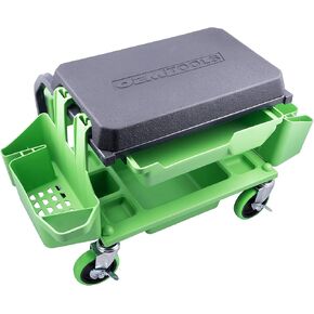 OEMTOOLS 24987 Sidekick Creeper Stool, Metal Shop Stools with Wheels, 5 Storage Seat Options, Cushioned Mechanics Stool with Wheels, Green Creeper Seat