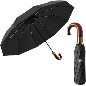 Luxurious Travel Folding Umbrella for Men Automatic Open/Close Crook Real Wooden J Handle Coating Layer Fabric Blocking/Portable Golf/Car Backpack/Rain Sun Anti UPF 50 UV Protection 99.9%