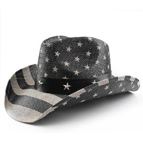 Cowboy Hat for Men's Women's,Western Cowgirl Straw Hats,Vintage USA American Flag Star Rivet Decoration Black/Gray