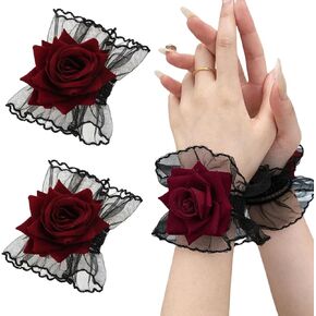 Halloween Gothic Rose Lace Black Gloves Red Rose Lolita Wrist Gloves, Halloween Rose Fingerless Gloves Dress Accessories for Halloween Masquerade Cosplay Party 1 Pair