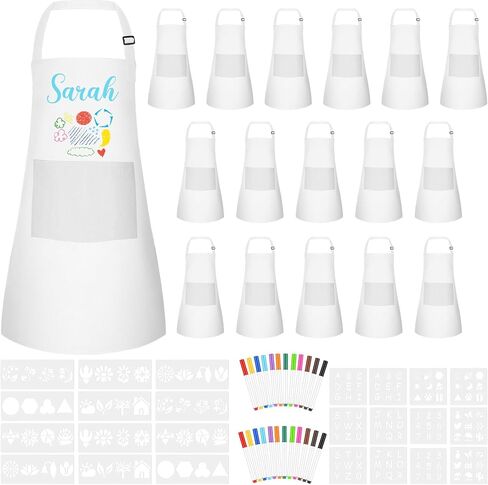 Morcheiong 6/12/24 Pack Adjustable Kid Apron Children Apron with Colored Pen and Craft Template Children Painting Apron-White in Saudi Arabia
