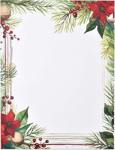 Christmas Stationery Paper Letterhead Sheets 100 Pack Holiday Xmas Red Poinsettia Greenery Border Design For Writing Letter Computer Office Notes Wedding Invitations & Printing Supplies 8.5" X 11" in Saudi Arabia