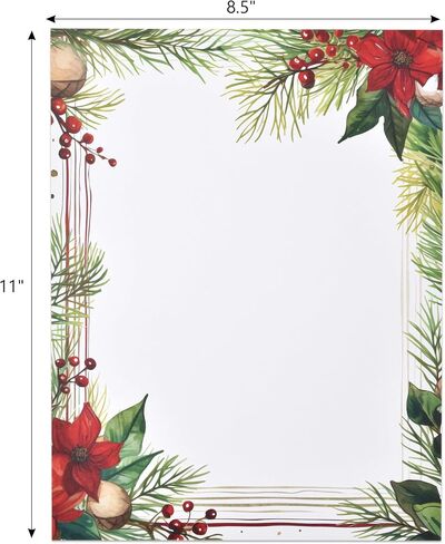 Christmas Stationery Paper Letterhead Sheets 100 Pack Holiday Xmas Red Poinsettia Greenery Border Design For Writing Letter Computer Office Notes Wedding Invitations & Printing Supplies 8.5" X 11" in Saudi Arabia