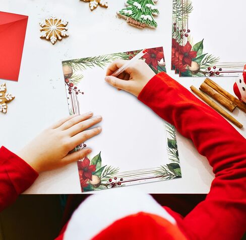 Christmas Stationery Paper Letterhead Sheets 100 Pack Holiday Xmas Red Poinsettia Greenery Border Design For Writing Letter Computer Office Notes Wedding Invitations & Printing Supplies 8.5" X 11" in Saudi Arabia