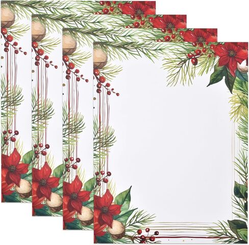 Christmas Stationery Paper Letterhead Sheets 100 Pack Holiday Xmas Red Poinsettia Greenery Border Design For Writing Letter Computer Office Notes Wedding Invitations & Printing Supplies 8.5" X 11" in Saudi Arabia