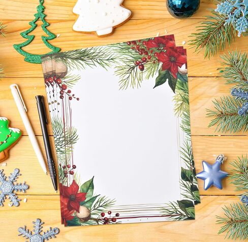 Christmas Stationery Paper Letterhead Sheets 100 Pack Holiday Xmas Red Poinsettia Greenery Border Design For Writing Letter Computer Office Notes Wedding Invitations & Printing Supplies 8.5" X 11" in Saudi Arabia