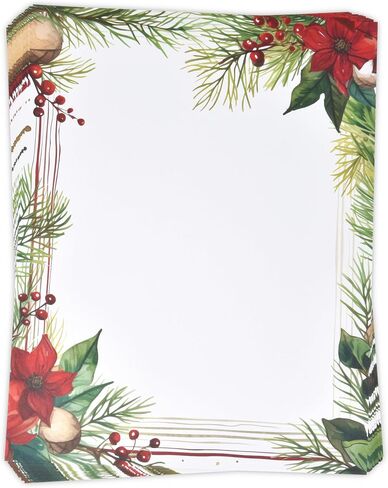 Christmas Stationery Paper Letterhead Sheets 100 Pack Holiday Xmas Red Poinsettia Greenery Border Design For Writing Letter Computer Office Notes Wedding Invitations & Printing Supplies 8.5" X 11" in Saudi Arabia
