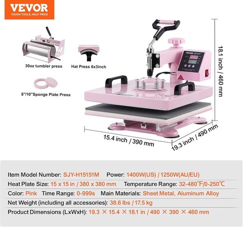 آلة الضغط الحراري VEVOR، 5 في 1 آلة نقل الحرارة مع مكبس بهلوان 30 أونصة، 15 × 15 بوصة، ضغط تي شيرت متأرجح 360 درجة، تحكم رقمي دقيق، للقمصان/الأكواب/القبعات/الأطباق، وردي in Saudi Arabia