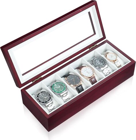 Watch Box, Watch Case for Men 6 Slot Wooden Watch Display Storage Case with HD Tempered Glass Lid Watch Holder Organizer for Men Black in Saudi Arabia