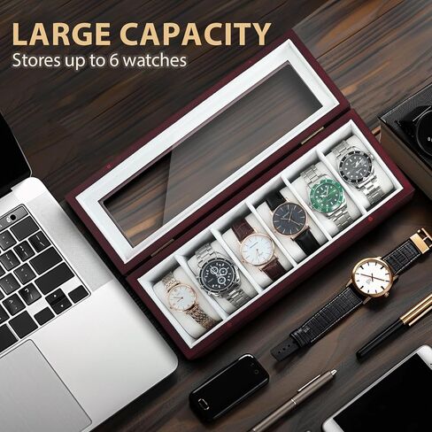 Watch Box, Watch Case for Men 6 Slot Wooden Watch Display Storage Case with HD Tempered Glass Lid Watch Holder Organizer for Men Black in Saudi Arabia