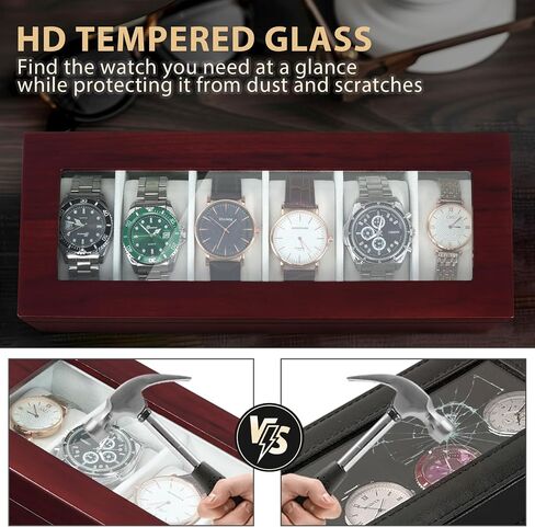 Watch Box, Watch Case for Men 6 Slot Wooden Watch Display Storage Case with HD Tempered Glass Lid Watch Holder Organizer for Men Black in Saudi Arabia