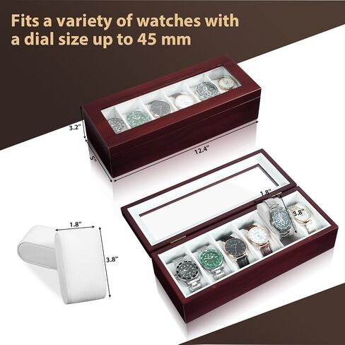 Watch Box, Watch Case for Men 6 Slot Wooden Watch Display Storage Case with HD Tempered Glass Lid Watch Holder Organizer for Men Black in Saudi Arabia
