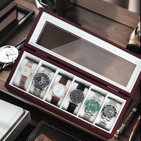 Watch Box, Watch Case for Men 6 Slot Wooden Watch Display Storage Case with HD Tempered Glass Lid Watch Holder Organizer for Men Black in Saudi Arabia