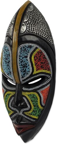 NOVICA Blue Yellow Red African Sese Wood Wall Mask with Aluminum Accents and Glass Beads, Bantu Zulu' in Saudi Arabia