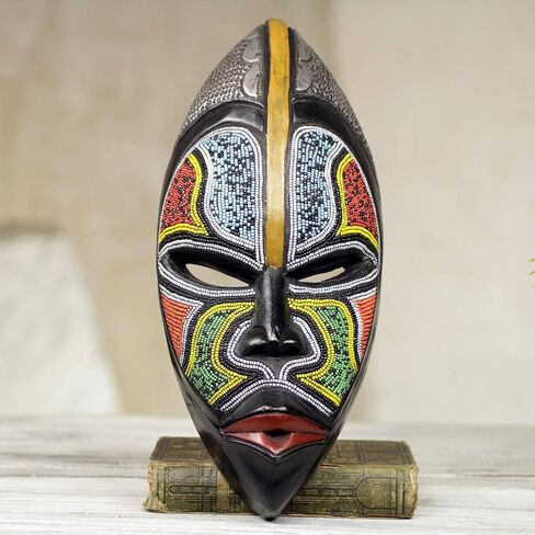NOVICA Blue Yellow Red African Sese Wood Wall Mask with Aluminum Accents and Glass Beads, Bantu Zulu' in Saudi Arabia