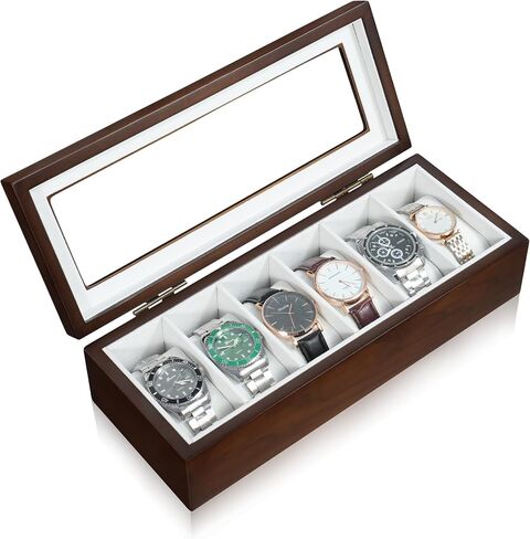 Watch Box, Watch Case for Men 6 Slot Wooden Watch Display Storage Case with HD Tempered Glass Lid Watch Holder Organizer for Men Black in Saudi Arabia