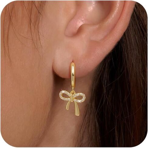 Gold Earrings for Women Trendy Bow Earrings 14K Gold Plated/Silver Hoops Simple Bow Twist Gold Huggie Hoop Earrings Dainty Cubic Zirconia Bow Hoop Earrings for Women Jewelry in Kuwait