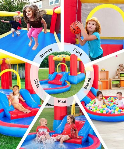 Indoor Bounce House for Kids 3-6 with Ball Pit Pool with Blower, Inflatable Jumping House with Water Slide for Outdoor Playground Party, Built-in Basketball Hoop, 250 LBS Capacity (Green) in Saudi Arabia