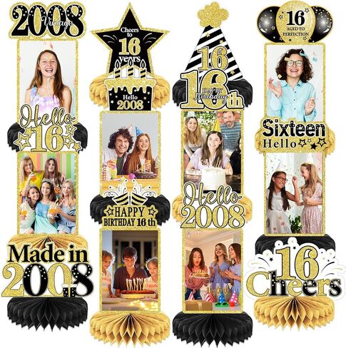 ZOiiWA 12Pcs 16th Birthday Decorations Black Gold Honeycomb Centerpieces for Kids Boys Girls Party Decor Happy 16th Birthday Photo Centerpieces for Table Supplies Sweet 16th Photo Props Party Favor in Saudi Arabia