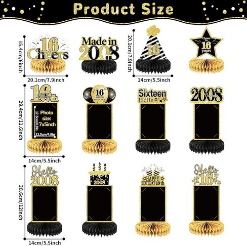 ZOiiWA 12Pcs 16th Birthday Decorations Black Gold Honeycomb Centerpieces for Kids Boys Girls Party Decor Happy 16th Birthday Photo Centerpieces for Table Supplies Sweet 16th Photo Props Party Favor in Saudi Arabia