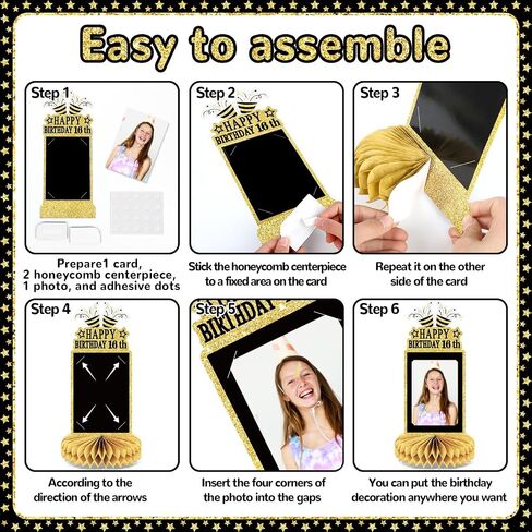 ZOiiWA 12Pcs 16th Birthday Decorations Black Gold Honeycomb Centerpieces for Kids Boys Girls Party Decor Happy 16th Birthday Photo Centerpieces for Table Supplies Sweet 16th Photo Props Party Favor in Saudi Arabia