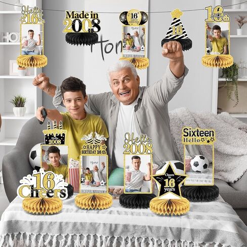 ZOiiWA 12Pcs 16th Birthday Decorations Black Gold Honeycomb Centerpieces for Kids Boys Girls Party Decor Happy 16th Birthday Photo Centerpieces for Table Supplies Sweet 16th Photo Props Party Favor in Saudi Arabia