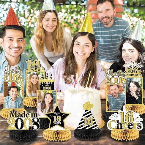 ZOiiWA 12Pcs 16th Birthday Decorations Black Gold Honeycomb Centerpieces for Kids Boys Girls Party Decor Happy 16th Birthday Photo Centerpieces for Table Supplies Sweet 16th Photo Props Party Favor in Saudi Arabia