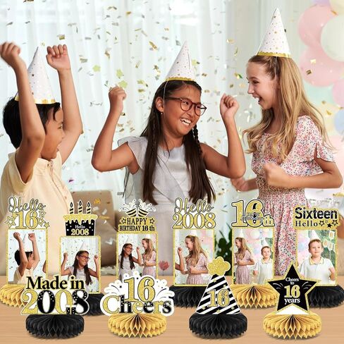 ZOiiWA 12Pcs 16th Birthday Decorations Black Gold Honeycomb Centerpieces for Kids Boys Girls Party Decor Happy 16th Birthday Photo Centerpieces for Table Supplies Sweet 16th Photo Props Party Favor in Saudi Arabia