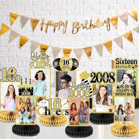 ZOiiWA 12Pcs 16th Birthday Decorations Black Gold Honeycomb Centerpieces for Kids Boys Girls Party Decor Happy 16th Birthday Photo Centerpieces for Table Supplies Sweet 16th Photo Props Party Favor in Saudi Arabia