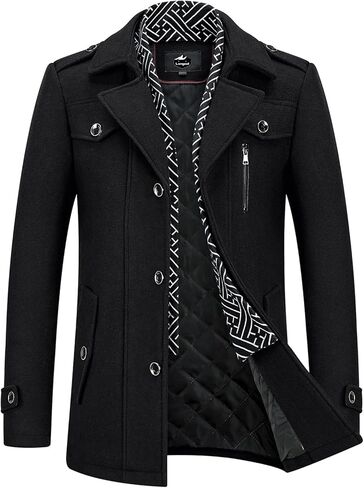 Lamgool Men's Winter Mid Length Wool Blend Coat Single Breasted Peacoat with Removable Scarf(Black,4XL) in Kuwait