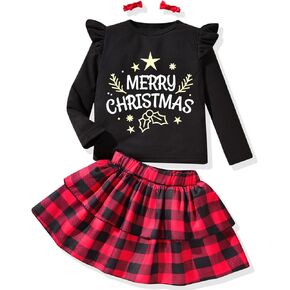 HIHA Toddler Girl Thanksgiving Christmas Outfit Holiday Clothes Long Sleeve Shirts Skirt Set 3PCS Clothing
